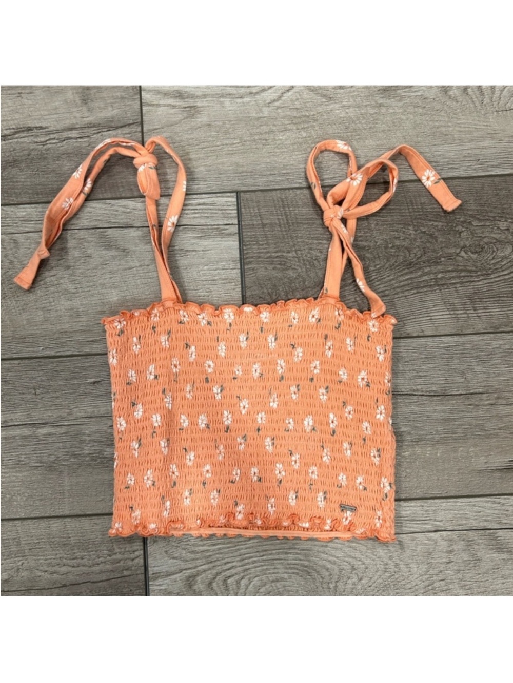 Hollister Orange Smocked Tie-Shoulder Tank Top in Peach with Floral Accents